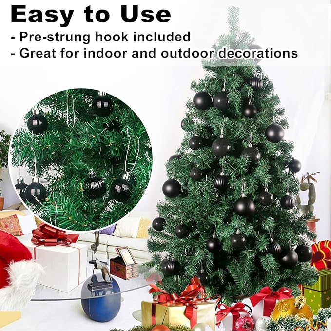 Black 1.6" Small Christmas Balls Christmas Tree Decoration Ornaments Shatterproof Hanging Balls for Birthday Halloween Holiday Wedding Decorations Set of 24pcs