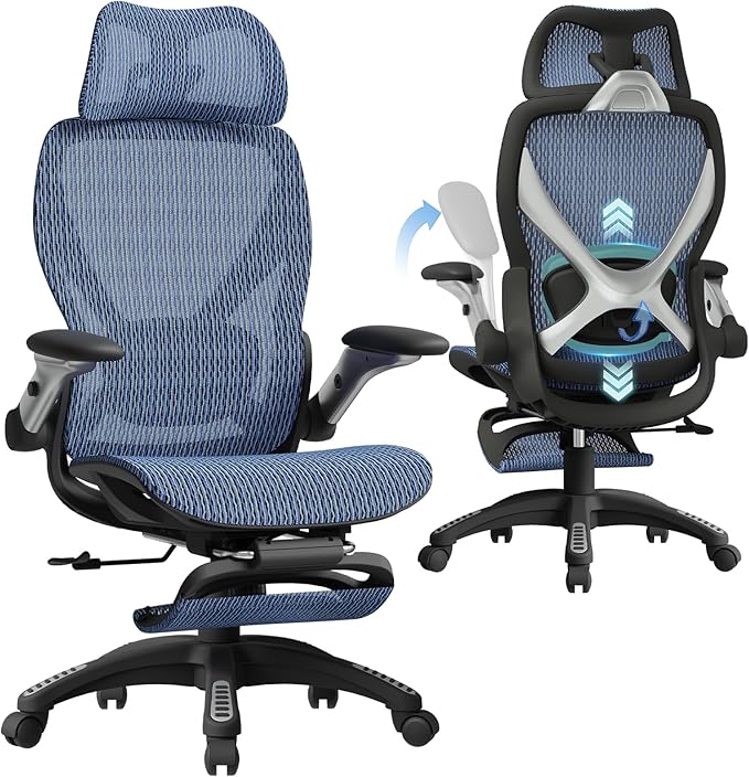 ELABEST X100 Ergonomic Office Chair with Footrest, Big and Tall Home Desk Chair with 5D Flip-Up Arms, Adjustable 8D Lumbar Support,High Back Rolling Computer Chair, Swivel Mesh Chairs (Oaxaca Blue)
