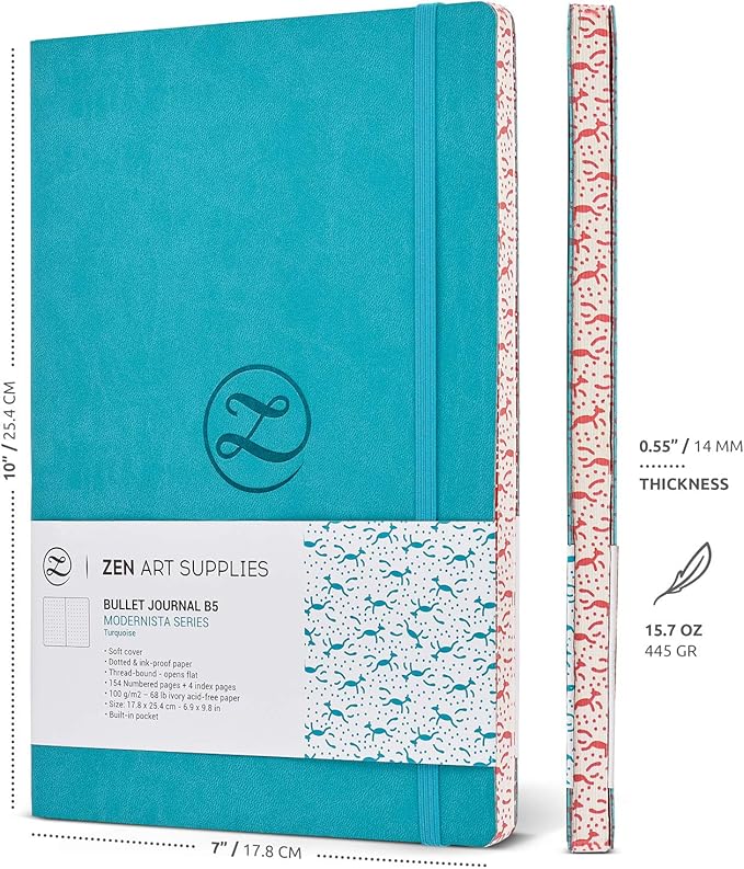 Aesthetic Large B5 Dotted Journal - Enjoy Bullet Journaling with a Soft Cover 7x10 inch, Non-Bleed Thick 120gsm Paper with Japanese Edge Motif - Turquoise Faux Leather Lay Flat Dot Notebook - ZenART
