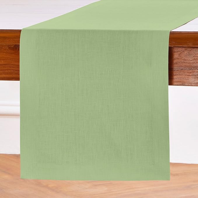 Solino Home Linen Table Runner 48 Inches - 100% Pure Linen Laurel Green Table Runner 14 x 48 Inch Ideal for Dresser and Coffee Tables - Fall, Autumn, Thanksgiving - Fete