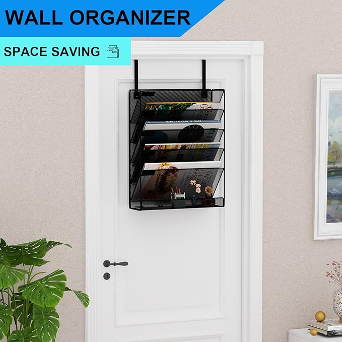 6-Tier Hanging File Organizer Office Cubicle Accessories for Work Organizer Wall Mount File Holder for Mails Folders Papers Magazine Organization, Black
