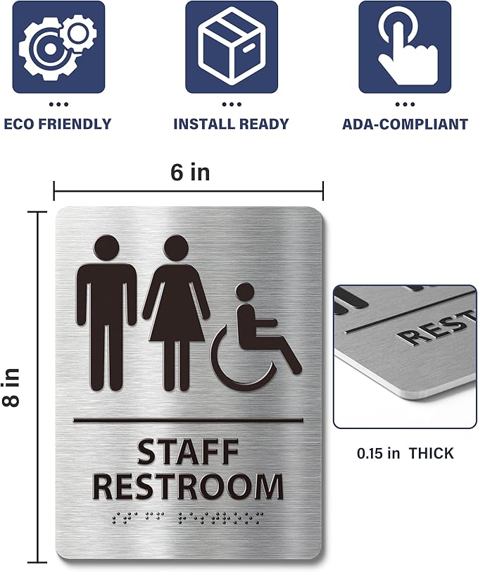 ADA-Compliant Employee Only Restroom Sign with Braille – Modern Aluminum Staff Bathroom Door Sign for Offices, Restaurants, Retail Stores, and Workplace with Easy Installation - 6" W x 8" H