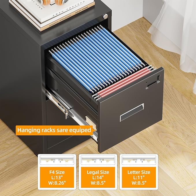 INTERGREAT 2 Drawer Filing Cabinet, Metal Black File Cabinets with Lock, Locking Narrow Storage Cabinet with Adjustable Hanging Frame for Home Office, Letter/Legal/F4/A4 Size