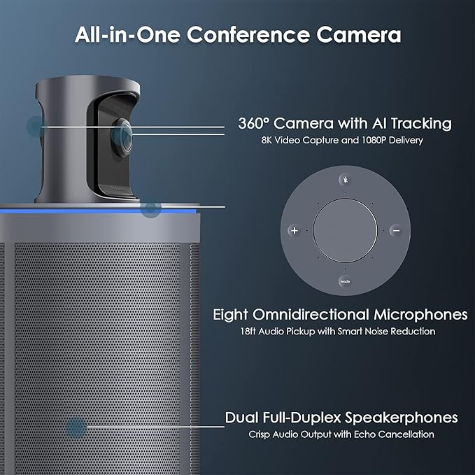 NexiGo Meeting 360 (Gen 2), 8K Captured AI-Powered Framing & Speaker Tracking, Plug & Play, 1080p HD 360-Degree Smart Video Conference Camera, 8 Noise-Cancelling Microphones