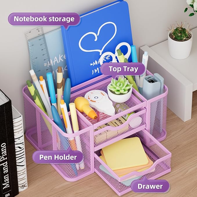 Marbrasse Mesh Desk Organizer, Pen Holder with 2 Drawer, Multi-Functional Pencil Holder, Desk Organizers and Accessories with 5 Compartments + Drawer for Office Art Supplies (Purple)