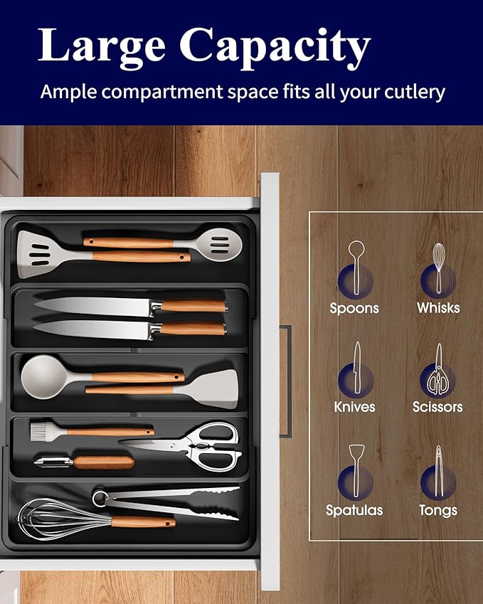 Kitsure Expandable Silverware Organizer – Large Utensil Drawer Kitchen Organization with 5 Compartments, Easy-Clean, Home & Apartment Essentials, Black, 13.6" x 1.4"x 11.0"~19.9"