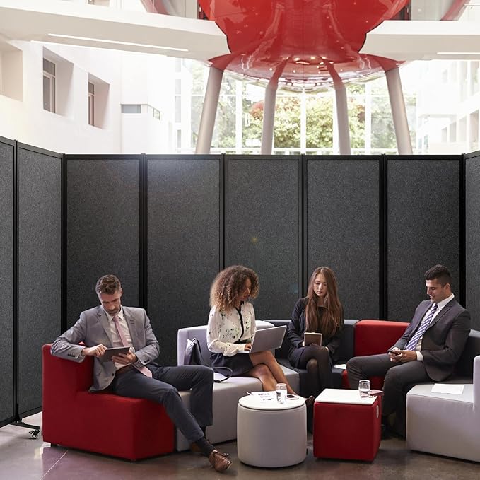 Upgrade Version Room Partition and Divider, Freestanding Rolling Dividers with Wheels,Office Privacy Screen Divider Wall,Classroom Felt Dividers,10'6"L* 6'7"H,5 Panel，Dark Grey