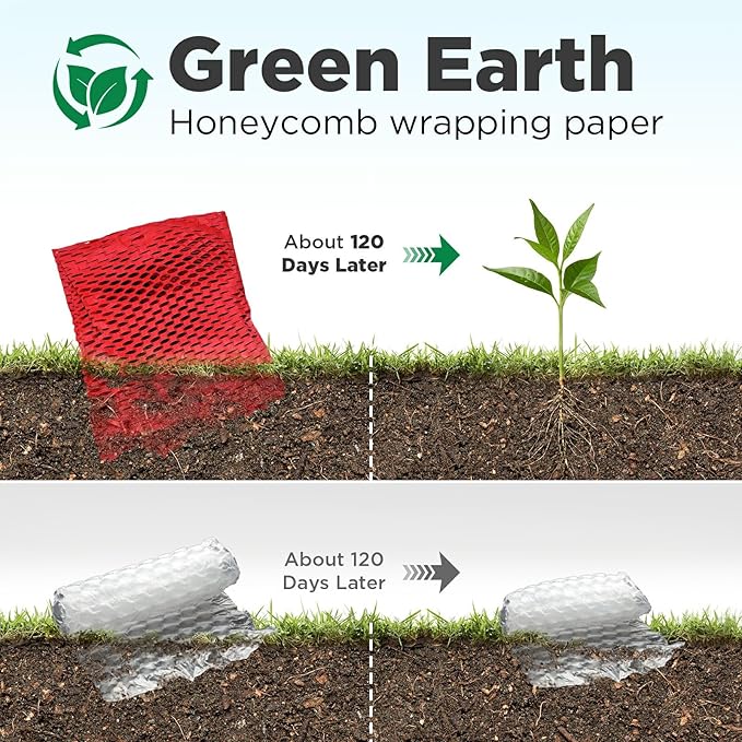 Honeycomb Packing Paper, 12"x150' Red | Perforated Honeycomb Packing Paper Recyclable Moving Supplies for Shipping & Moving | Plastic-Free Alternative to Bubble Cushion Wrap with 36 Fragile Stickers