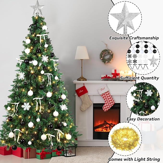 86Pcs Led Light Black and White Christmas Tree Decorations Set 100 Led Light Christmas Star Trees Topper with String Lights Xmas Balls Snowflakes Ornaments Bows Xmas Trees Decor 20m Light String