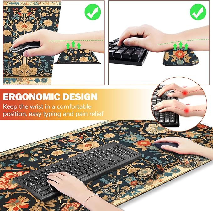 ARTSO Desk Mat Set, Mouse Pad with Wrist Rest Support + Keyboard Wrist Rest + Large Mouse Pad + Coaster, Extended Gaming Mousepad Combo, Retro Flower Plant