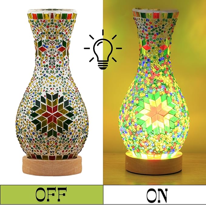 Unique Turkish Moroccan Style Mosaic Table Lamp, Colorful Glass Table Light with Wood Base, USB Powered for Bedroom, Living Room