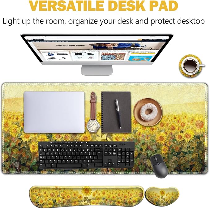 AIMSA Keyboard Mouse Pad Wrist Rest, Extended Gaming Mouse Pad +Wrist Support, Ergonomic Memory Foam,XXL Large Mousepad, 4Pcs (35×15.7 in) Desk Mat, Sunflower Oil Painting