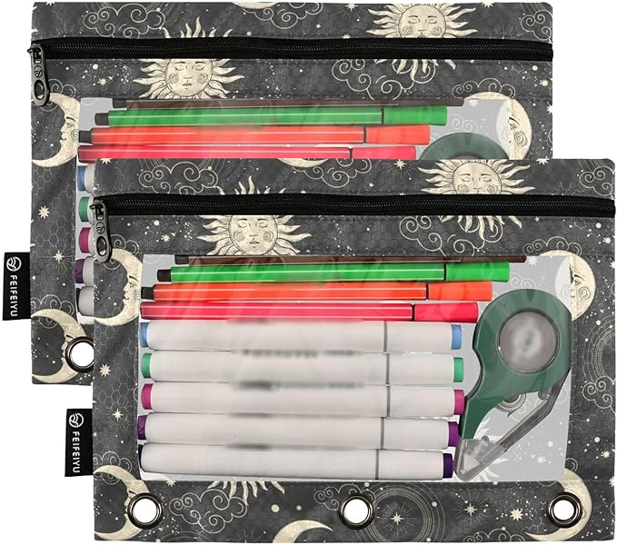 ZAZYXTJ Sun Binder Pencil Pouchs 3 Ring with Zipper Clear Window Office Organizers bag for School Students Teacher Supplies 2 Pack