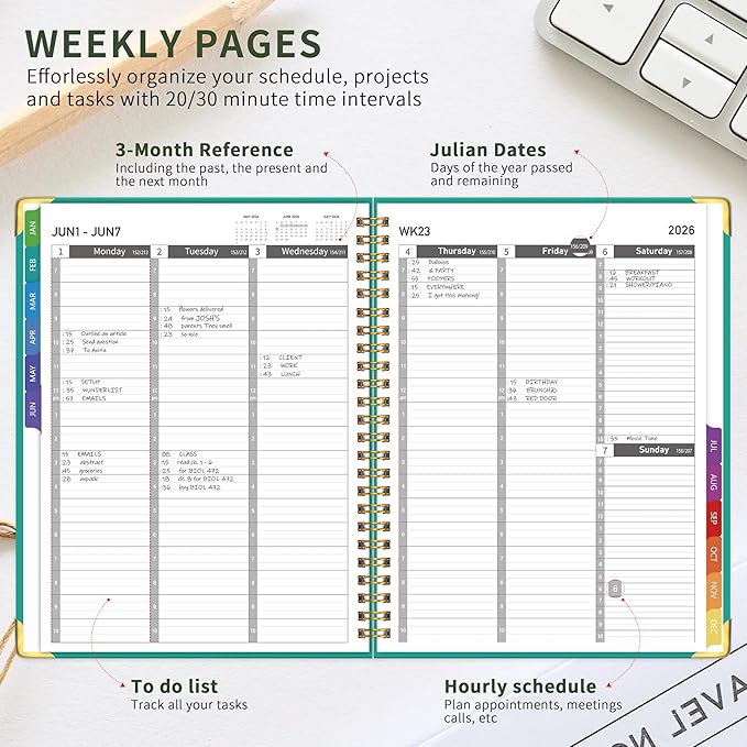 2026 Appointment Book/Planner - 2026 Daily Hourly Planner from Jan. 2026 - Dec. 2026, Weekly appointment Book 2026, 2026 Hourly planner with 20-Minute Interval, 9" x 11", Twin-Wire Binding, Colorful Tabs, Pocket -Aquamarine