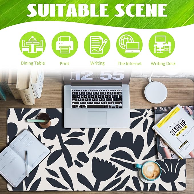 Desk Pad,Hand Drawn Leaves and Flowers Desk Mat,Abstract Plant Large Gaming Mouse Pad for Desk,Extended Big Computer Keyboard Mouse Pad with Non-Slip Base and Stitched Edge,35.4"x15.7"