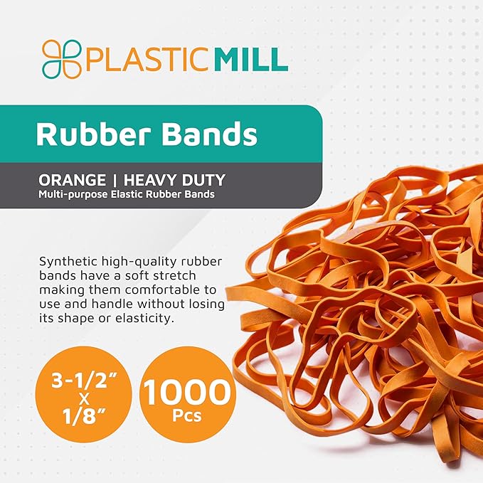 PlasticMill Orange Rubber Bands Size 33 (3 1/2" x 1/8") - #33 Colored Rubber Bands Office Supplies - Strong, Elastic Bands for Crafts, Balloon Garland, Cash, File Folders (1,000-Pack)