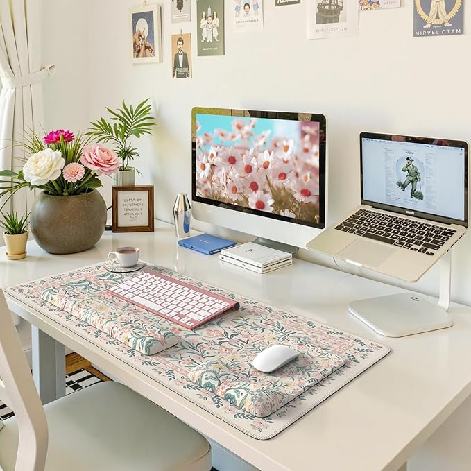 iLeadon Pink Desk Mat Set Cute, Non-Slip Mouse and Keyboard Pad Mat for Desk, Ergonomic Desk Mouse Pad Extra Large, Floral Teacher Desk Mat with Wrist Rest for Women Home Office