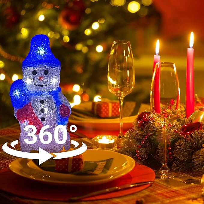 Anycosy Christmas Lighted Acrylic Snowman Decoration,Rotating Battery Operated Lights for Indoor Use,Perfect for Tabletop, Windowsill, Mantel, and Bedroom