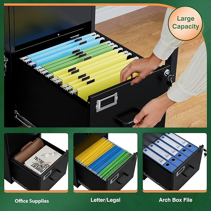 Letaya 2 Drawer File Cabinet with Lock,Metal Office Small Filing Cabinets for Home Office,Storage Letter,Black-Easy Assemble