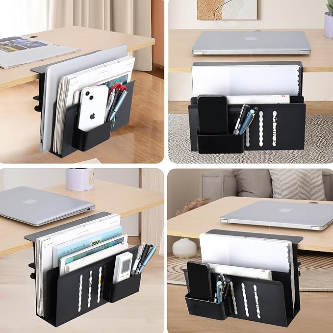 2 TIER Desk Side Storage Upgraded Under Desk Organizer, No Drill Hanging Laptop Holder Under Desk, Clamp-On Table Side Tray Steel Desktop Organization for Office and Home (Black)