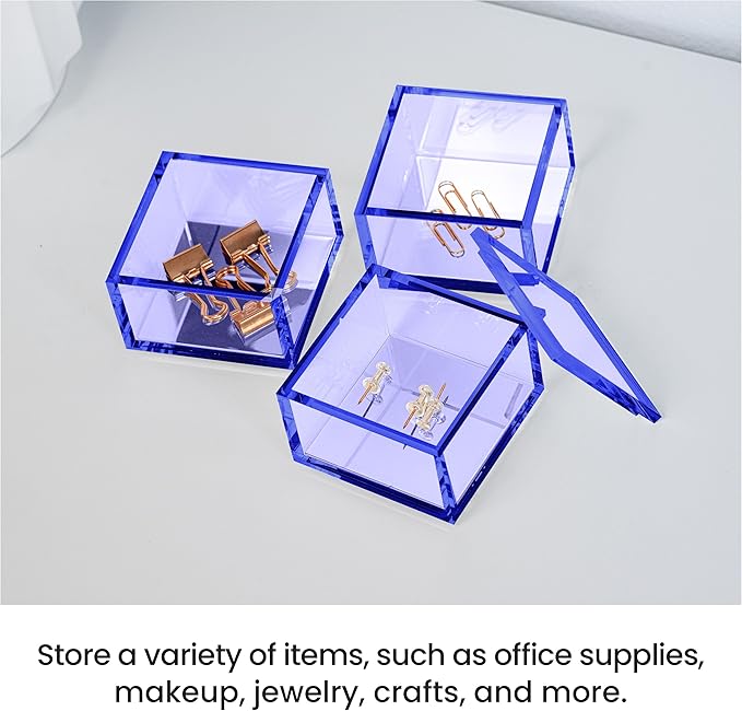 OfficeGoods 3-Tier Stackable Acrylic Holder- Stylish Desk Organizer and Storage for Office or Home – Transparent Square Design, Blue with Silver Metal Base