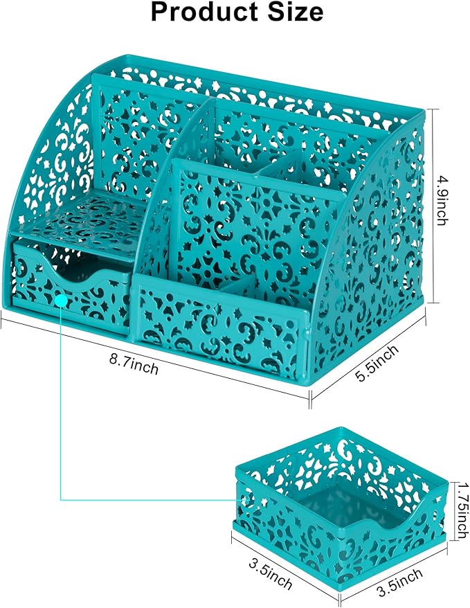 EasyPAG Pen Holder Desk Organizer with Drawer Pencil Cup for Desk 6 Compartments Metal Office Caddy Storage with Sticky Notes Holder for School Home Office, Dark Teal