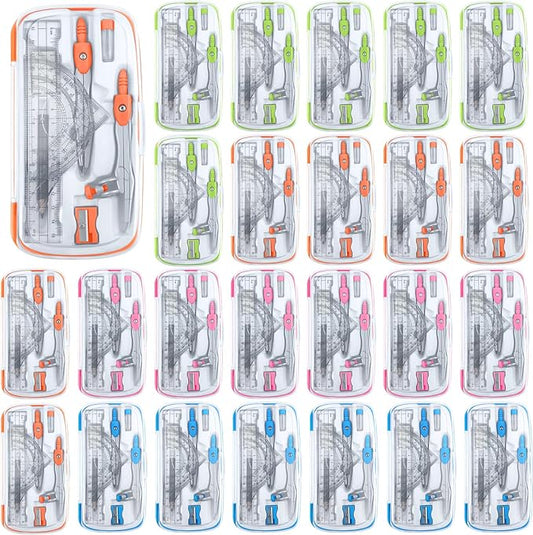 Teling 24 Sets Math Geometry Kit for Students 10 Pcs Compass Geometry Tools Set Includes Rulers Protractor Compass Eraser Pencil Sharpener Lead Refills Pencil (Multi Color)