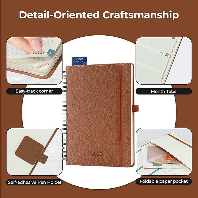 Planner 2026 Daily Weekly and Monthly,8.5"x6.5",12 Months Spiral Bound Calendar Agenda with Self-adhesive Pen Holder,2026 Appointment Book with Vegan Leather Soft Cover,Brown