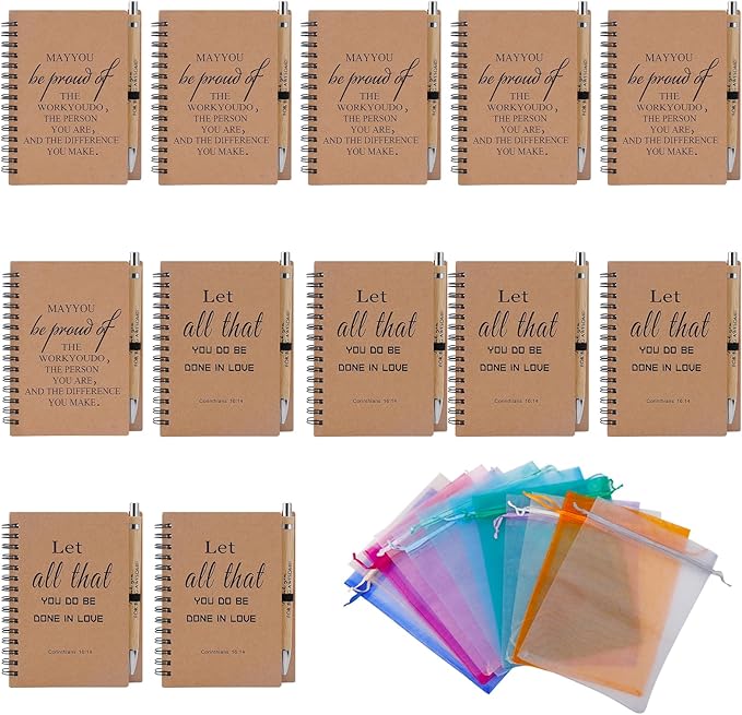 Christian/Encouragement Notebook and Pen Set with Bible Verses,12 Pack Spiral Notebook with Bible Verse Pens and Gift Bags, Prayer Journal, Church Notes,Bible Study Supplies for Church Members