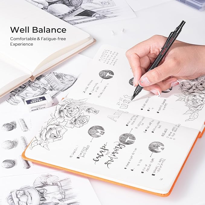 Nicpro 0.7 mm Mechanical Pencil Set with Case, 3 Metal Artist Pencil With 8 Tube HB Lead Refills, 3 Erasers, 9 Eraser Refills For Architect Art Writing Drafting Drawing, Engineering, Sketching, Black