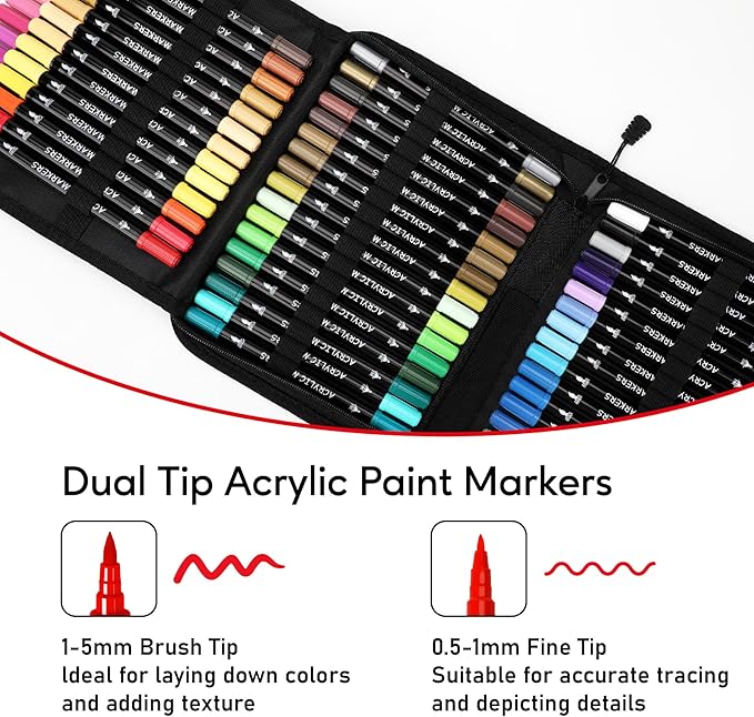60 Colors Acrylic Paint Markers, Dual Tip with Fine Tip and Brush Tip Pens for Stone, Wood, Calligraphy, Canvas, Ceramic, Metal, Glass, Rock Painting, DIY Crafts Art Supplies Kit