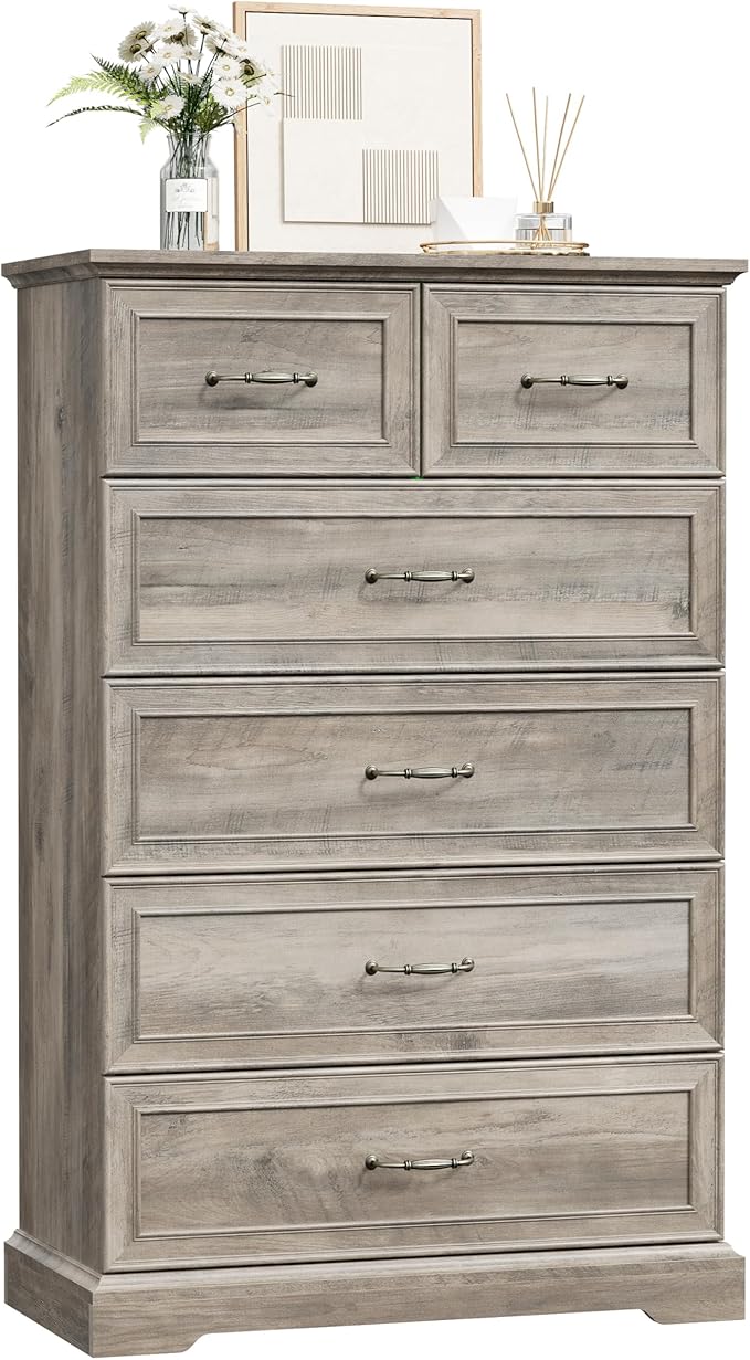 6 Drawer Dresser for Bedroom, 49" Tall Wooden Chest of Drawers, Rustic Farmhouse Dresser with Large Drawers & Metal Handles, Modern Storage Organizer for Closet, Living Room, Hallway, Grey