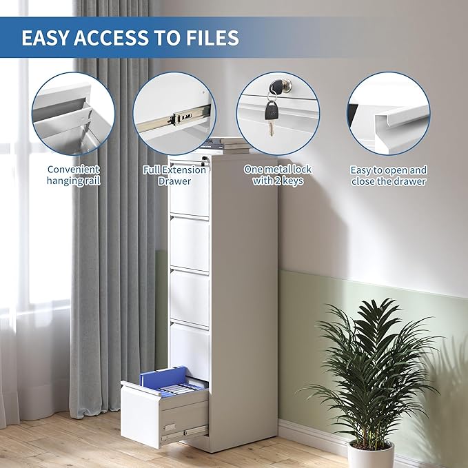 5 Drawer File Cabinet with Lock,Metal Vertical Filing Cabinets for Home Office,Heavy Duty File Storage Cabinet for Letter/Legal/A4/F4 Size File,Assembly Require (White, Vertical 5 Drawer)