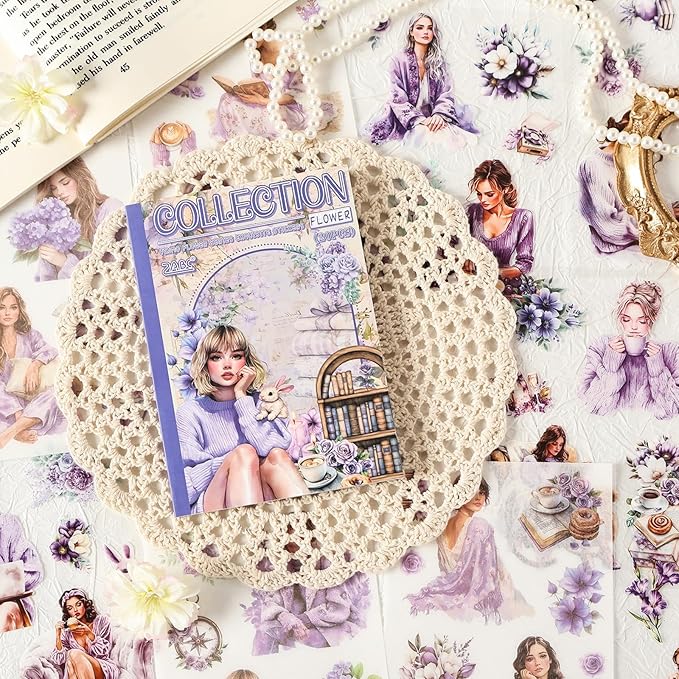 TIAMECH Cloud Flower Gathering Sticker Book - Purple Girl Series, 20 Sheets PET & Washi Stickers for Scrapbooking, Ephemera, Waterproof Junk Journaling Supplies & DIY Crafts