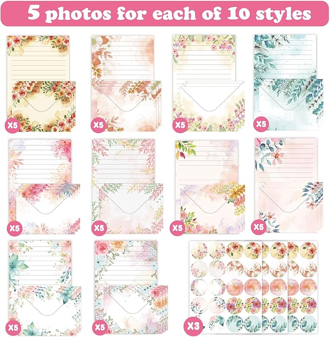 160 Packs Stationery Paper and Envelopes Set 10 Different Designs, 50 One Sided Stationery Writing Papers with 50 Matching Envelopes and 60 Round Dot Sticker, 5.5 x 8.25 Inch (Flower)