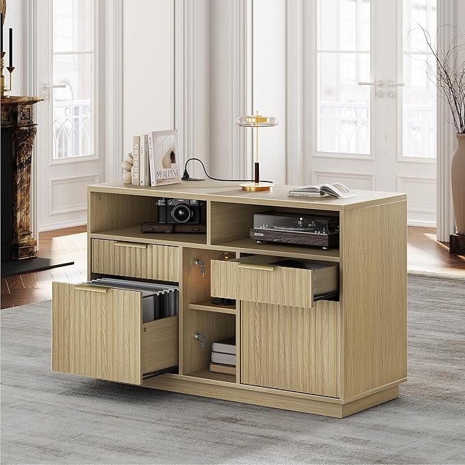4 Drawer File Cabinet, Fluted Wood Lateral Filing Cabinet with Lock and Charging Station for Home Office, Printer Stand with Open Storage Shelves, Fits A4, Letter Size, Light Waulnut