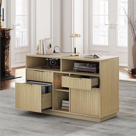 4 Drawer File Cabinet, Fluted Wood Lateral Filing Cabinet with Lock and Charging Station for Home Office, Printer Stand with Open Storage Shelves, Fits A4, Letter Size, Light Waulnut
