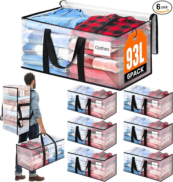 BlissTotes 6-Pack Large Moving Bags with Backpack Straps & Strong Zippers, Heavy-Duty Storage Bags Moving Boxes for Space Saving, Dorms, Transport, 93L-25 Gallons, Clear