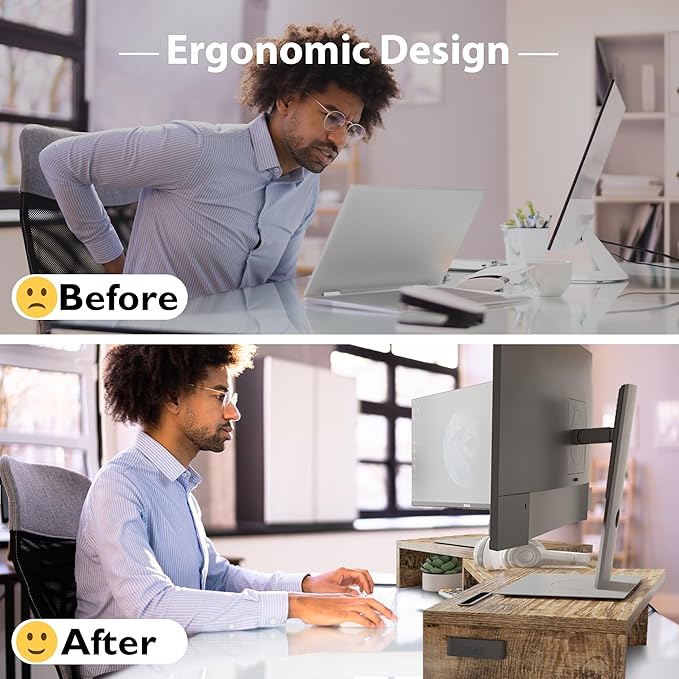 BONTEC Dual Monitor Stand Riser with Smartphone Holder, Adjustable Length & Swivel Angle, Ergonomic Wooden Desktop Organizer for PC Monitor, Laptop, Printer, Large Storage, Rustic Brown