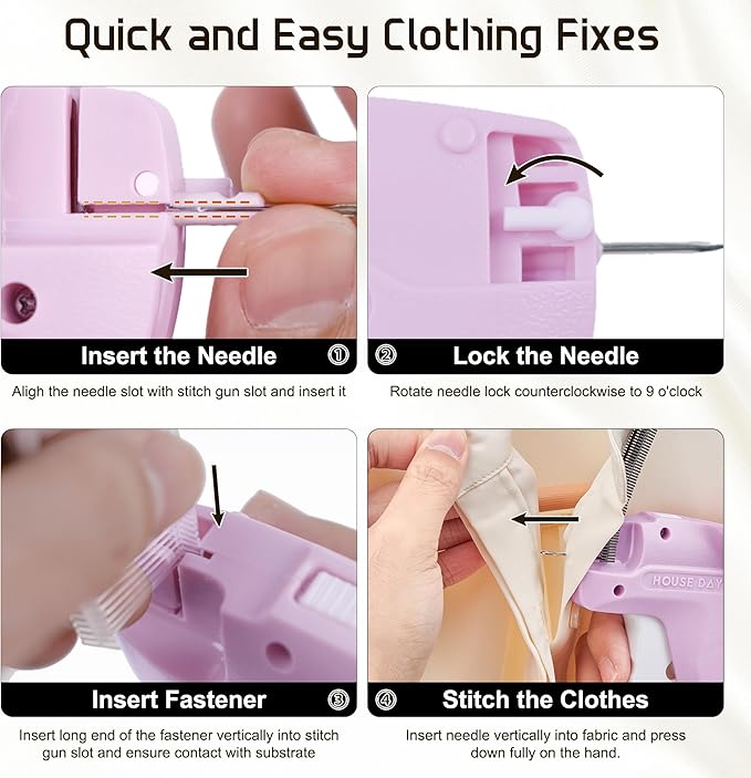 HOUSE DAY Stitchy Gun for Clothes, Fine Needle Stitch Gun Quick Clothing Fixer, Speedy Price Tagging Gun with 6 Fine Needles, 2200 Micro Thin Fasteners, 50 Buttons (Pink)