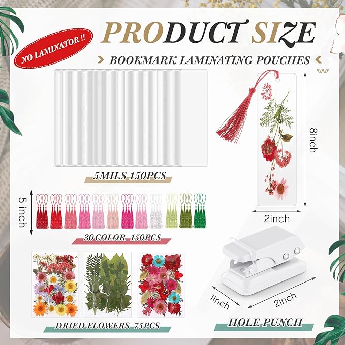 150 Pcs DIY Pressed Dried Flower Bookmark Making Kit, DIY Bookmark Bulk Thanksgiving Teacher Gifts for Reading Women Book Lovers(2 x 8 Inch,Rainbow Color)