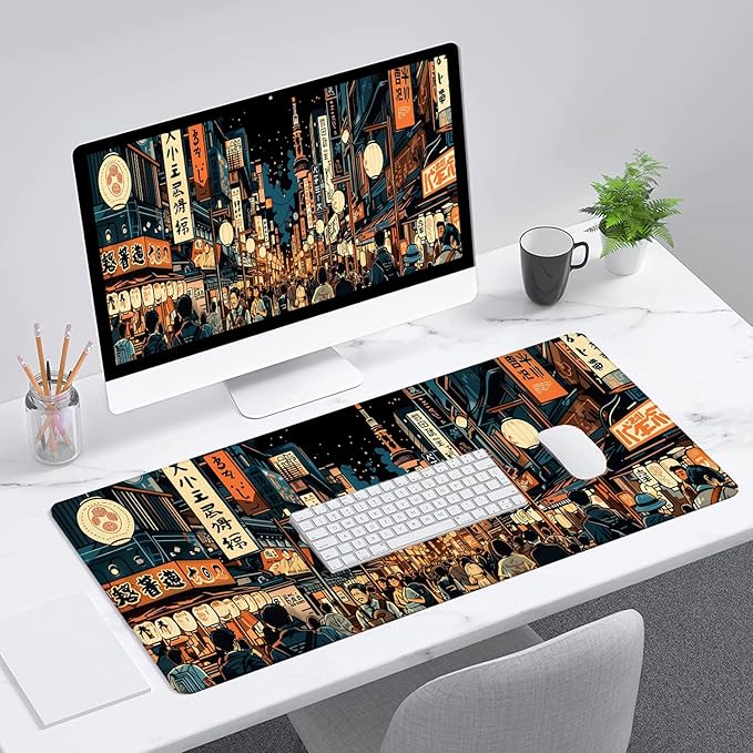 Japanese Street Desk Pad Mouse Pad Anime Tokyo Night Market XL Mouse Pad Large Mousepad Extended Laptop Keyboard Mat Gaming Desk Pad Mouse Mat Office Computer Keyboard Laptop Home 31.5"x11.8"