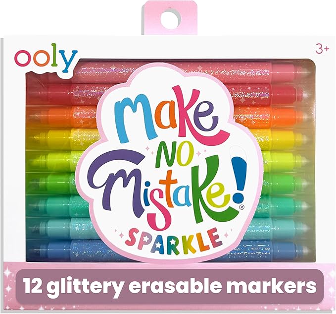 Ooly Make No Mistake Glittery Erasable Markers, 12 Sparkle Markers that are Mess Free that You Can Erase, Colorful Back to School Supplies for Any Arts & Crafts