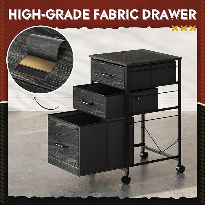 DEVAISE Mobile File Cabinet, Rolling Printer Stand with 3 Drawers, Fabric Vertical Filing Cabinet fits A4 or Letter Size for Home Office, Charcoal Black Wood Grain Print