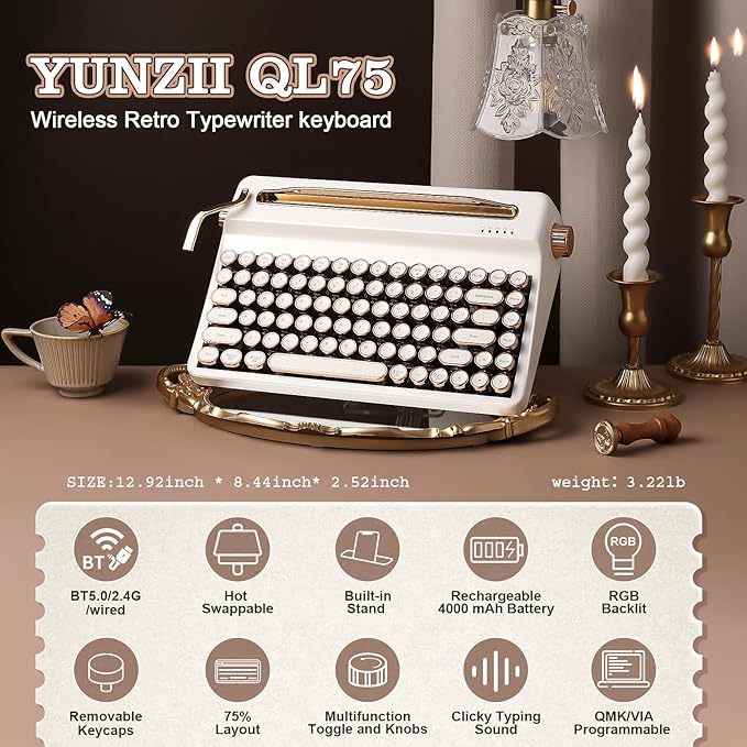 YUNZII QL75 Wireless Typewriter Hot Swap Retro Mechanical Keyboard,Punk Round Keycaps,RGB Backlit QMK/VIA Programmable, Multi-Device Keyboard with 2.4GHz/Type-C/BT5.0 (White, Onyx Switch)
