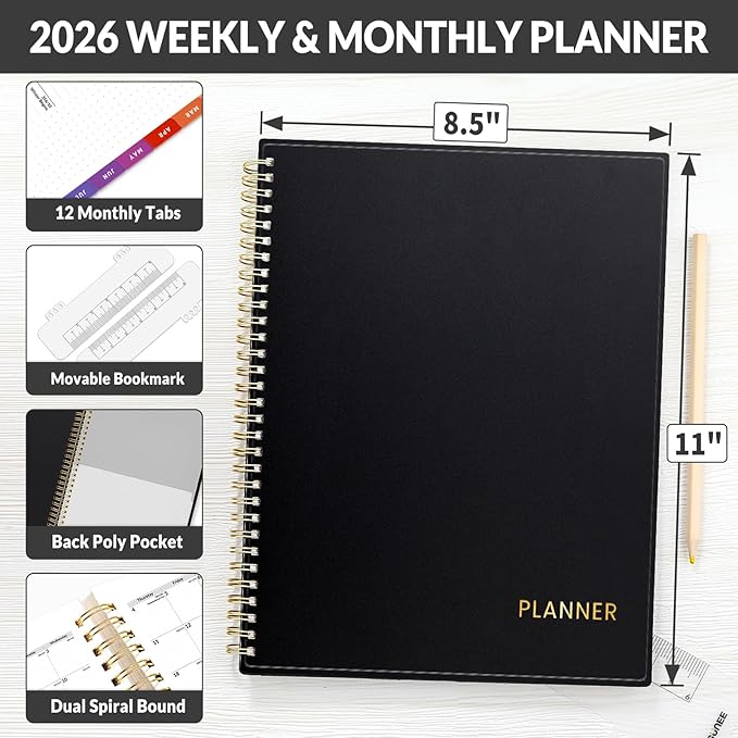 SUNEE 2026 Weekly and Monthly Planner - from January 2026 - December 2026, 8.5"x11" Daily Agenda Planner with Monthly Tab, Flexible Cover, Note Pages, Pockets, Bookmark, Spiral Binding, Black