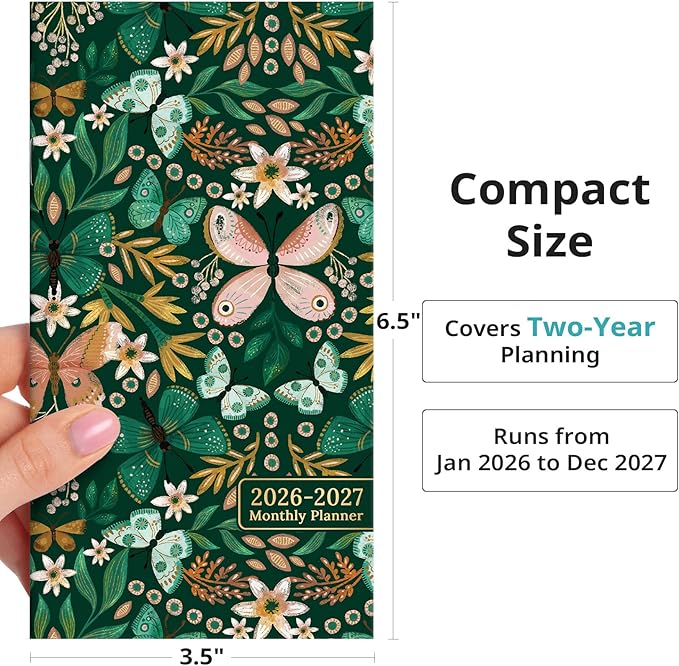 Pocket Calendar 2026-2027 for Purse, Two Year Monthly Planner Pocket Size, Jan 2026 to Dec 2027 Monthly Planner Small Size (6.5" x 3.5") - Butterfly