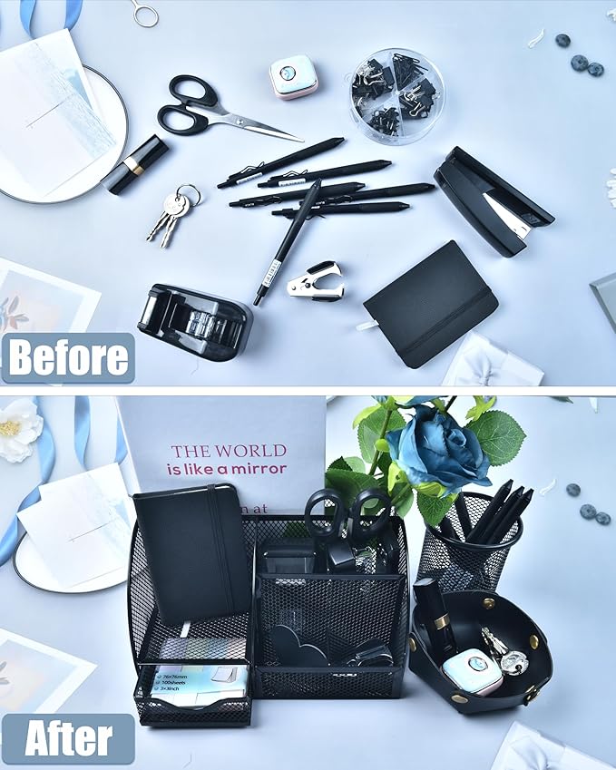 Black Desk Accessories, 24Pcs Office Supplies and Desk Organizers, with Tape Dispenser, Stapler, Staple Remover, Ect, Christmas Gifts