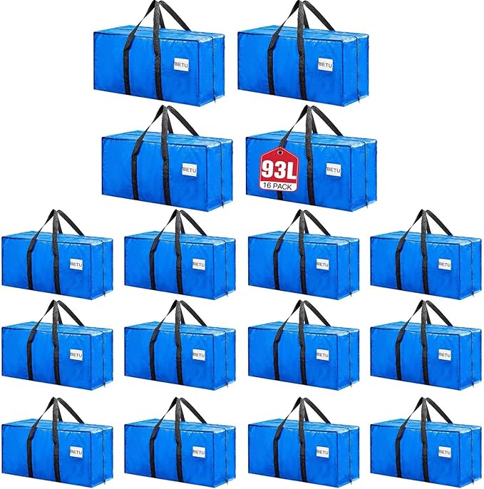 BETU Extra Large Moving Bags Heavy Duty Storage Bags with Zipper Handles, 16 Pack Clothes Storage Totes Bins Packing Moving Boxes, Moving Supplies for College Dorm Essentials, Space Saving, Blue