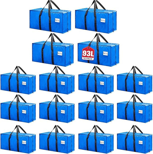 BETU Extra Large Moving Bags Heavy Duty Storage Bags with Zipper Handles, 16 Pack Clothes Storage Totes Bins Packing Moving Boxes, Moving Supplies for College Dorm Essentials, Space Saving, Blue